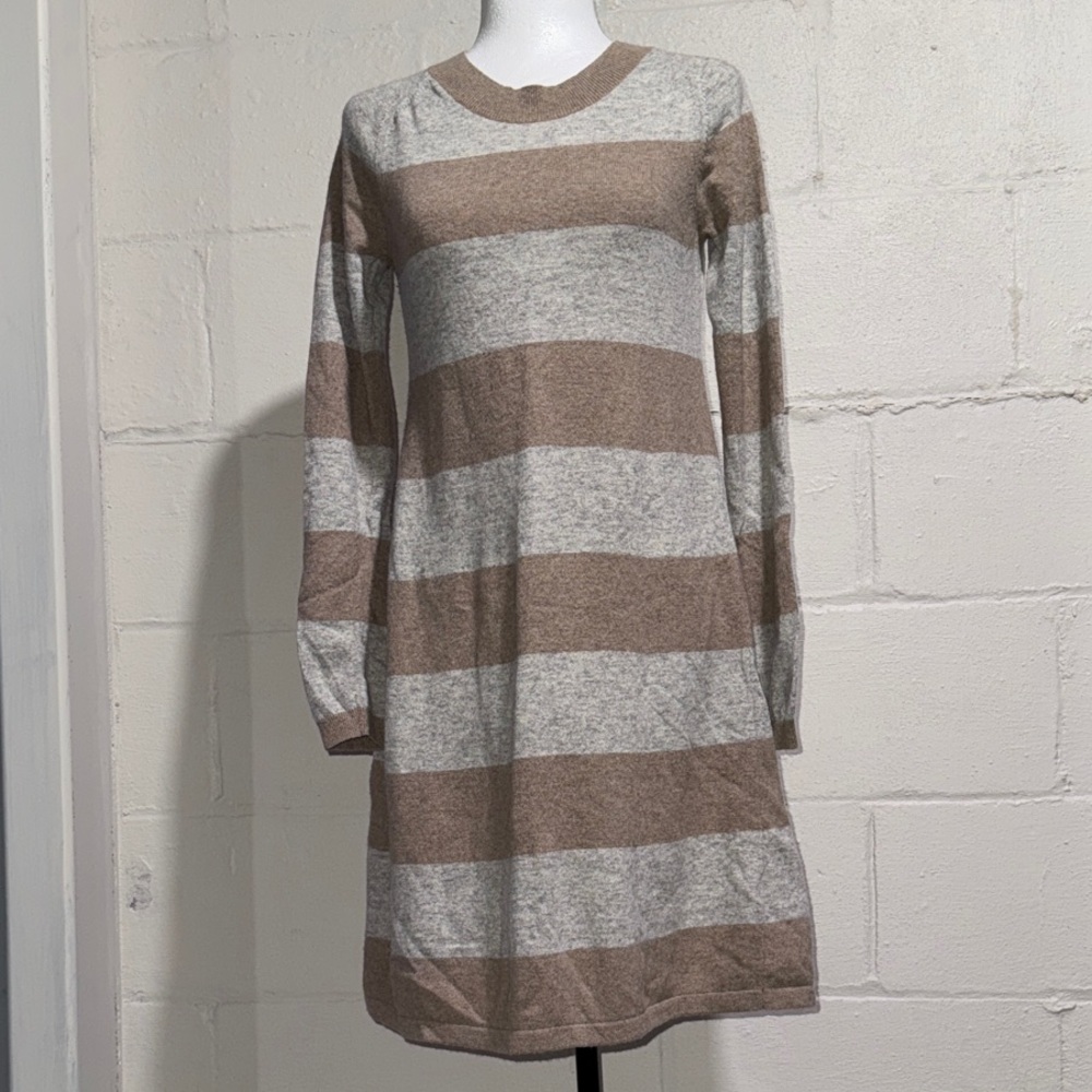 Banana Republic Luxury Cashmere Blend Long Sleeve Dress in Tan and Gray Stripes